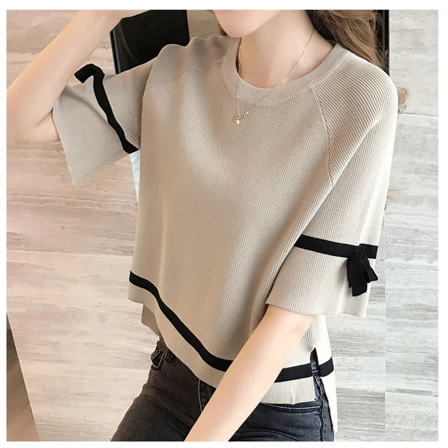 Oversize Knit Women Three Quarter T-Shirt Top Summer Causal Elegant Short Sleeve Camisetas Korean Fashion Loose Knitwear Tee New