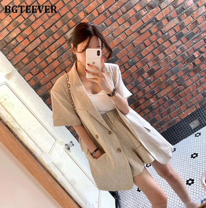 Conjunto de 2 peças feminino: jaqueta de manga curta, single breasted, shorts de perna larga, solto, casual