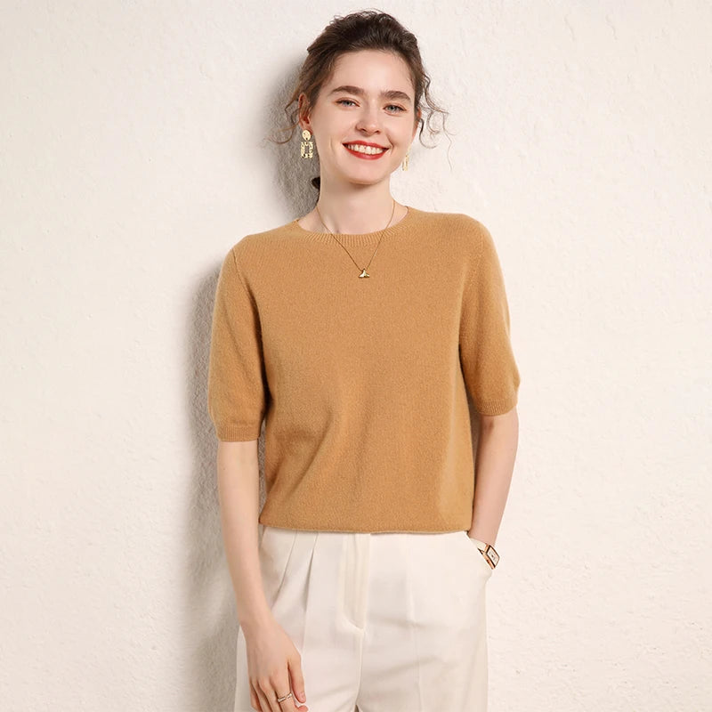 100% cashmere women's sweater short sleeved knitted O-neck five quarter sleeve fashionable hot selling women's T-shirt