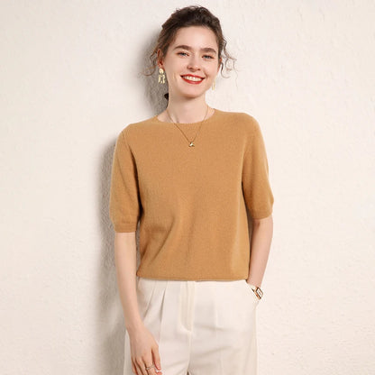 100% cashmere women's sweater short sleeved knitted O-neck five quarter sleeve fashionable hot selling women's T-shirt