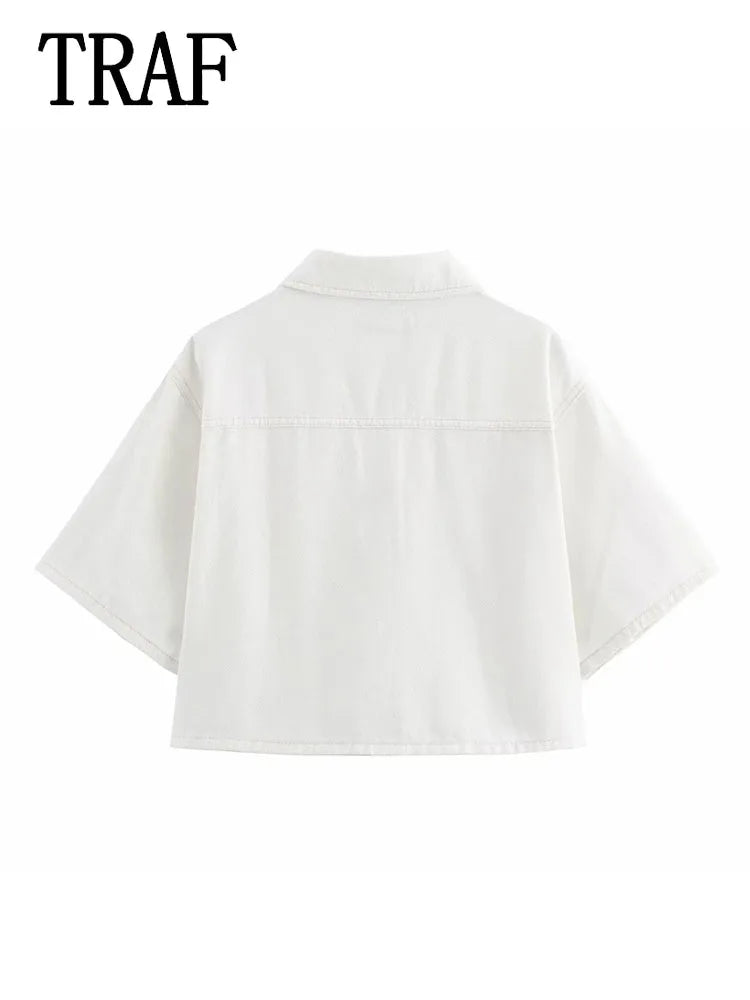 Conjuntos femininos em jeans: camisa gola com manga curta e bolso decoração +  shorts cintura média assimétrico
