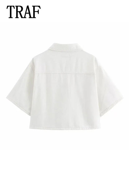 Conjuntos femininos em jeans: camisa gola com manga curta e bolso decoração +  shorts cintura média assimétrico