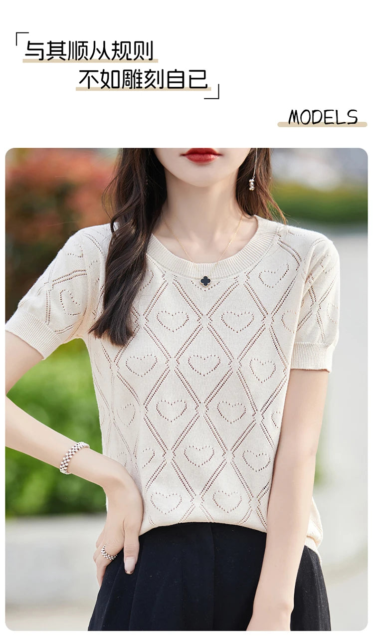 New Summer Fashion 100% Pure Cotton Women's Sweater Short sleeved Casual O-neck Pullover T-shirt Loose Knitted Hollow Top
