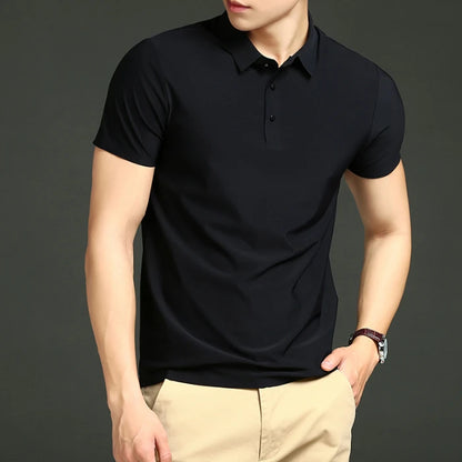 Camisa polo masculina de malha fina: elástica, respirável, polo com lapela casual