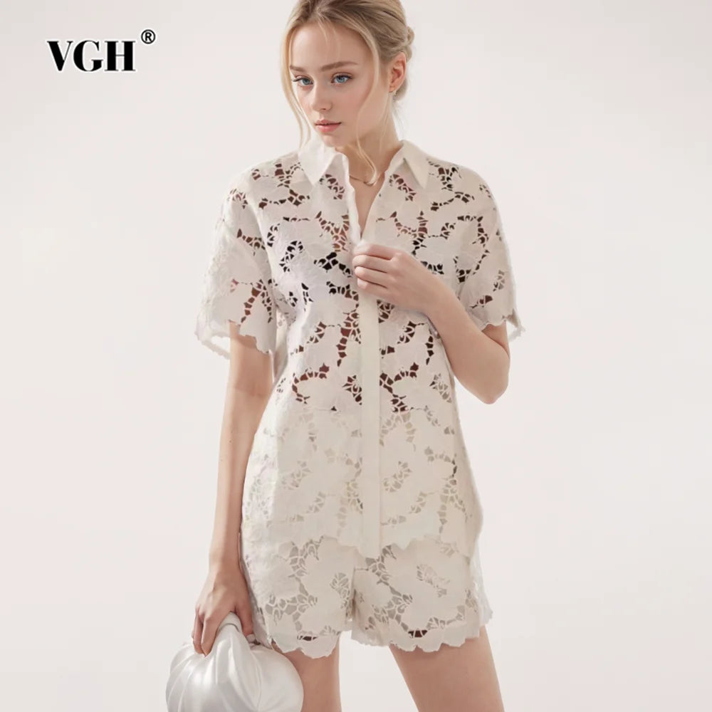 VGH Solid Two Piece Sets For Women Lapel Short Sleeve Spliced Single Breasted Shirts High Waist Shorts Hollow Out Set Female New