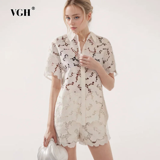 VGH Solid Two Piece Sets For Women Lapel Short Sleeve Spliced Single Breasted Shirts High Waist Shorts Hollow Out Set Female New