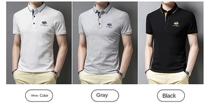 Camisa polo masculina: bordada, em algodão de luxo, casual com lapela e manga curta