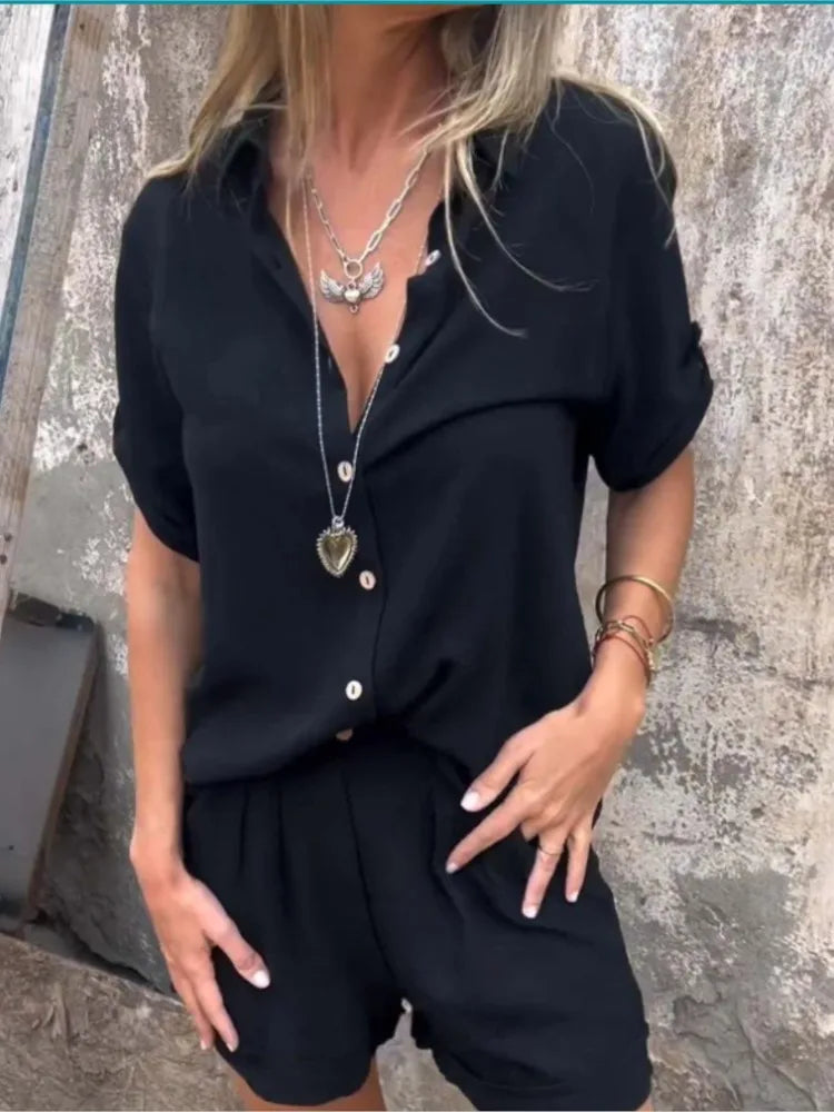 Conjunto duas peças algodão e linho: camisa com lapela, botão, manga curta + shorts