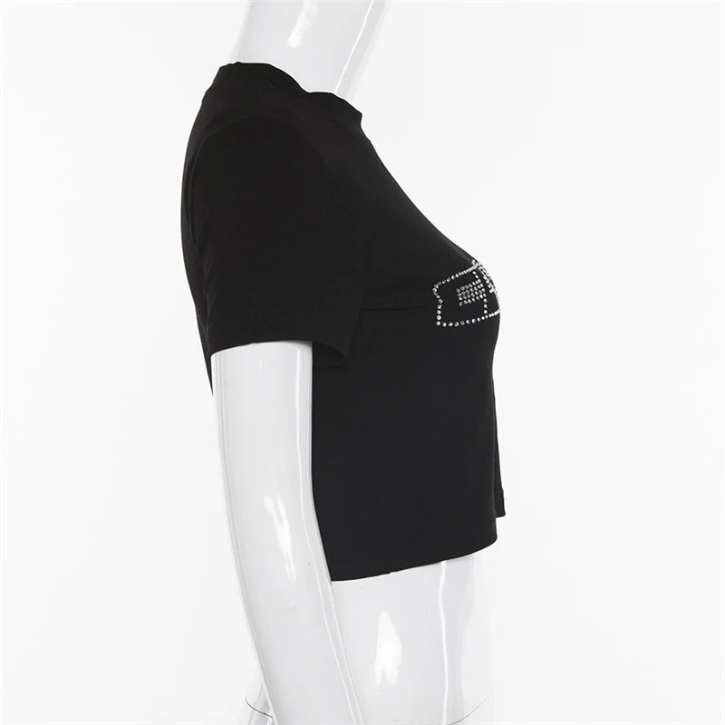 Y2K Women Backless Hollow Out T Shirt Sexy Bandage Crop Tops O-neck Tshirt Black Streetwear Short Sleeve Slim Bodycon T-shirt