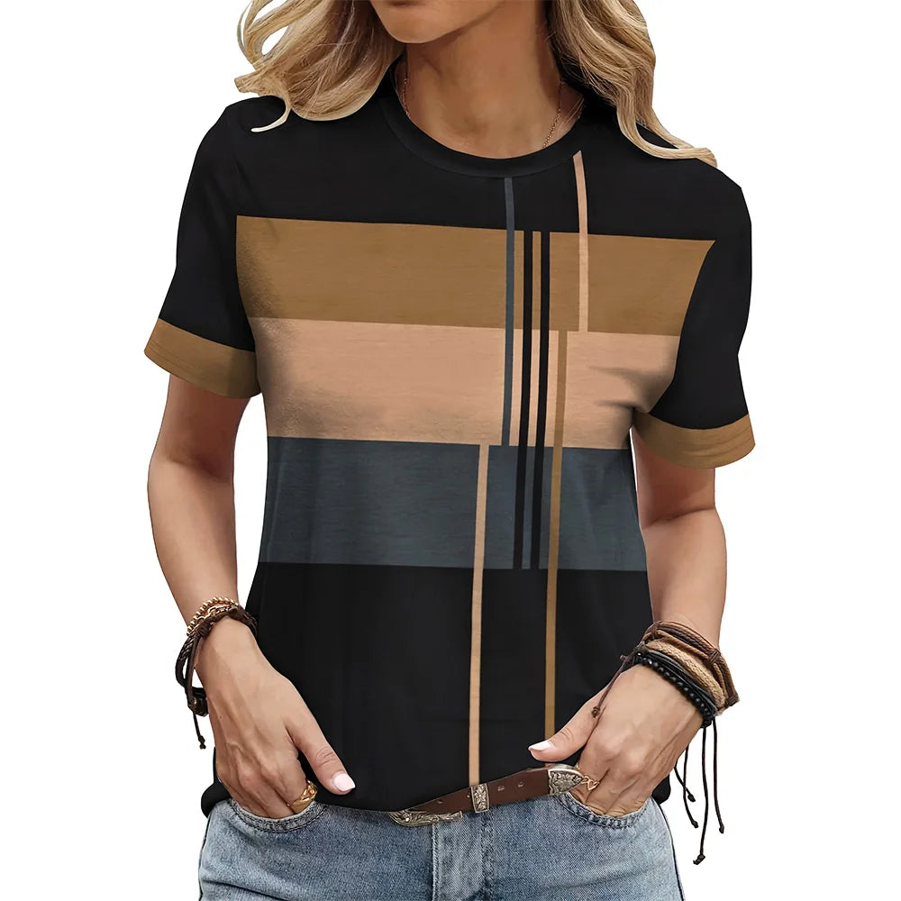 2024 Fashion Women's Stripe Print T-shirt Top Simple Casual Female Short Sleeve Clothing New Loose Colorful O-Neck T-Shirts