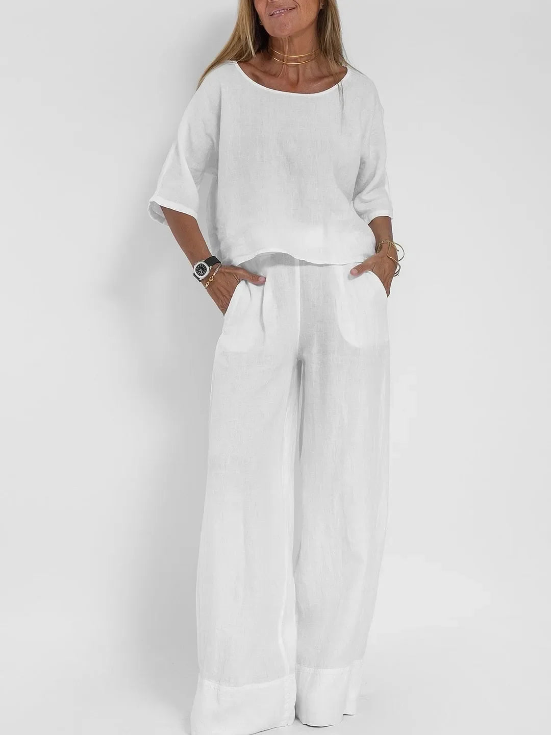 Europe and the United States new summer women's casual loose solid color short sleeve cotton linen trouser suit