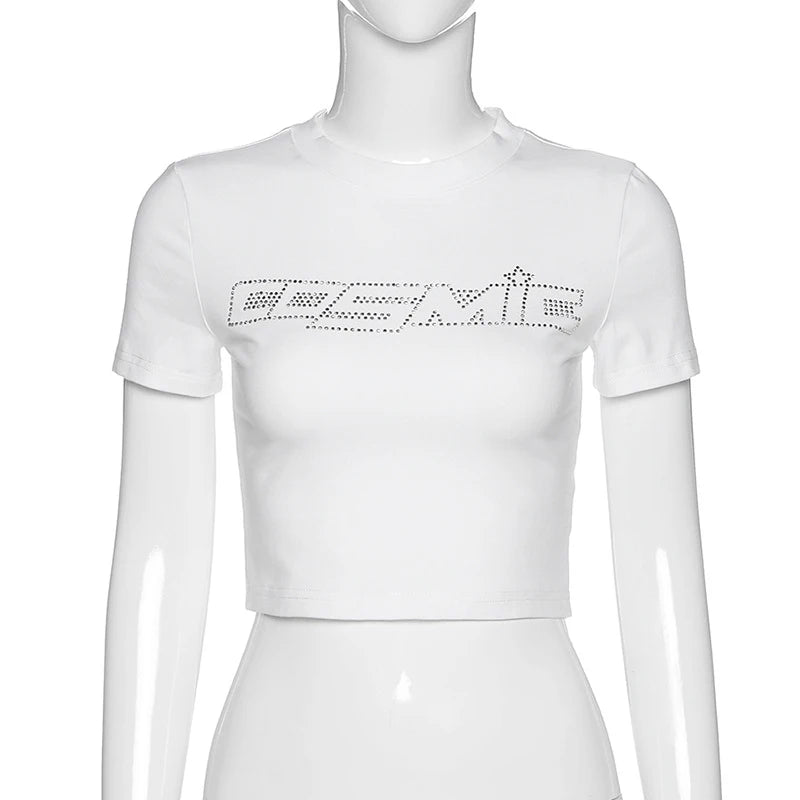 Y2K Women Backless Hollow Out T Shirt Sexy Bandage Crop Tops O-neck Tshirt Black Streetwear Short Sleeve Slim Bodycon T-shirt