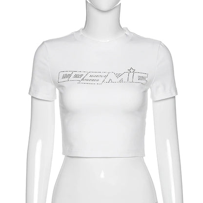 Y2K Women Backless Hollow Out T Shirt Sexy Bandage Crop Tops O-neck Tshirt Black Streetwear Short Sleeve Slim Bodycon T-shirt