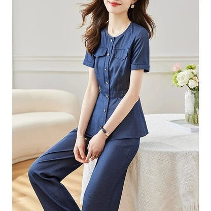 Conjunto cardigan feminino de botão com manga curta e gola redonda + calça larga de elástico na cintura, algodão puro