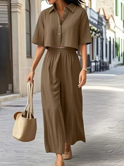 Conjunto de duas peças: em algodão e linho, moda verão casual. Camisa curta + perna larga