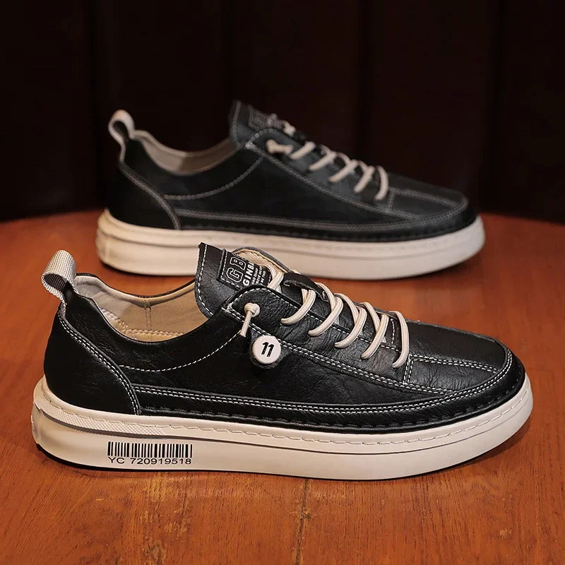 Novo casual masculino de couro: antiderrapante: moda confortável tênis, solado plano