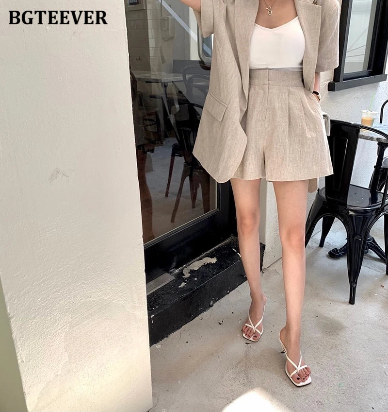 Conjunto de 2 peças feminino: jaqueta de manga curta, single breasted, shorts de perna larga, solto, casual