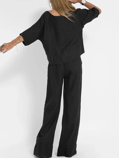Europe and the United States new summer women's casual loose solid color short sleeve cotton linen trouser suit