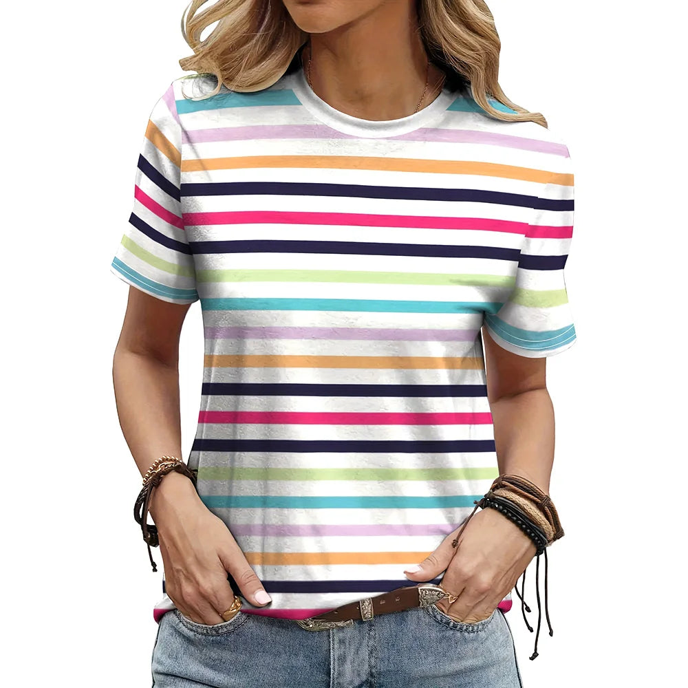 2024 Fashion Women's Stripe Print T-shirt Top Simple Casual Female Short Sleeve Clothing New Loose Colorful O-Neck T-Shirts