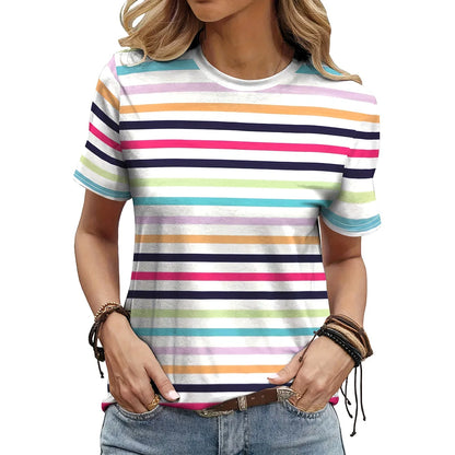 2024 Fashion Women's Stripe Print T-shirt Top Simple Casual Female Short Sleeve Clothing New Loose Colorful O-Neck T-Shirts