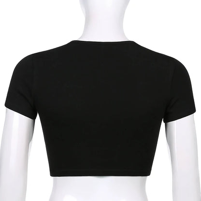 Y2K Women Backless Hollow Out T Shirt Sexy Bandage Crop Tops O-neck Tshirt Black Streetwear Short Sleeve Slim Bodycon T-shirt