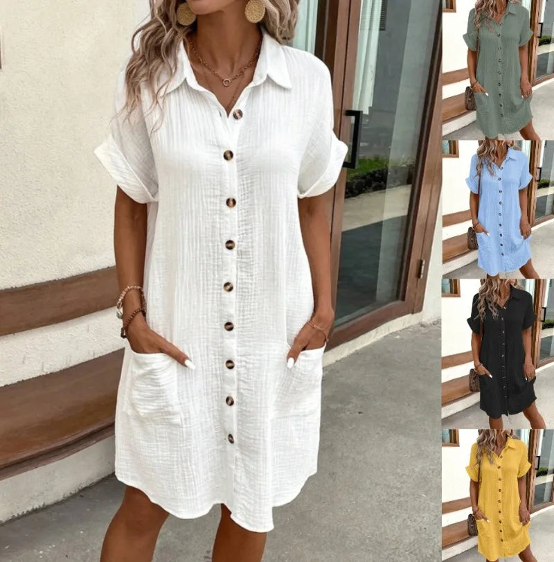 Camisa Vestido solto, minimalista com decote em V, botão acima, algodão e linho branco, manga curta e com bolso casual