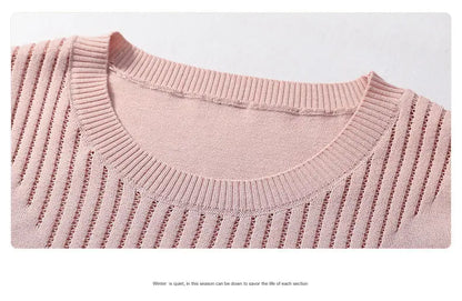 Summer Casual Fashion Hollow Out Solid Color Knitting T-shirt Ladies Short Sleeve Loose All-match Tee Women Simple Pullover Top