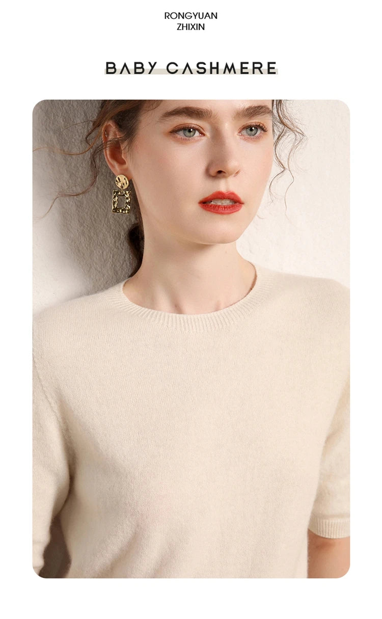100% cashmere women's sweater short sleeved knitted O-neck five quarter sleeve fashionable hot selling women's T-shirt